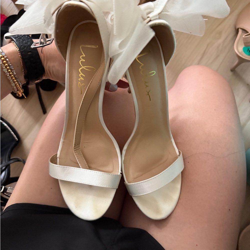 Lulus Ayanna Ivory Satin Bow Ankle Strap High Heel Sandals White - Size 8.5 - Picture 3 of 5